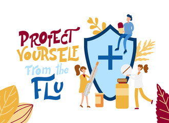 Flat virus persons concept. Having cold, tablets, hot drinks, a thermometer. Flu flat tiny people concept. Man and Woman Characters. Protect from viruses. Vector illustration