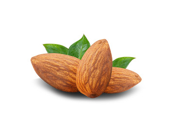 almonds with green leaves isolated on white background