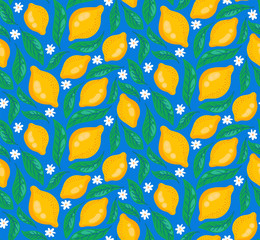 Lemons leafs flowers decorative seamless vector pattern