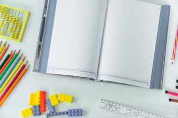 Back to school concept.School and office supplies on white background. Flat lay with copy space