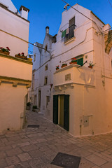 Night view of the streets of the historic center of the white town of Locorotondo in Puglia, Italy.
