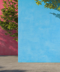 Bright painted blue and pink wall with green tropical leaves, sunlight with shadows. Summer, spring background. 3d rendering.