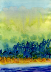 Fototapeta premium Figure watercolor, bushes on the river, abstract painting.