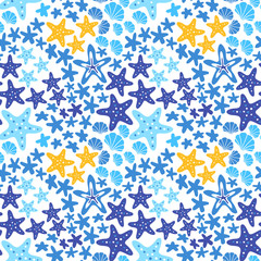Sea star marine seamless pattern with shell. Starfish blue background vector illustration