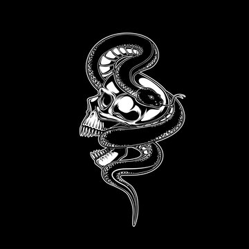 skull and snake vector illustration. tattoo design. inking black work. hand draw. for t-shirt, card, logo, and wallpaper