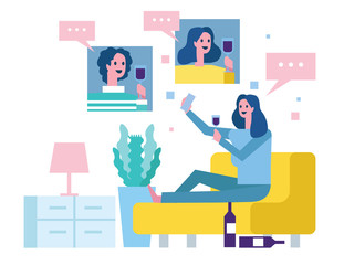 Young women drinking wine at home and celebrating video call to friends. Idea for COVID-19 outbreak, Stay home, social distancing, prevention and awareness. flat design vector illustration