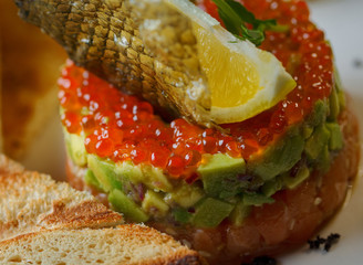 Tartar with red caviar,avocado and fish .The tartar stands on a white plate and next to it lies butter with fried bread.Decorated of fish scale and lemon.