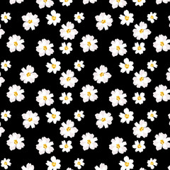 Seamless pattern of white camellia flowers on black ground.