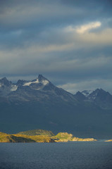 Breathtaking panoramic landscape scenery with mountains and glaciers inside Beagle Channel while...