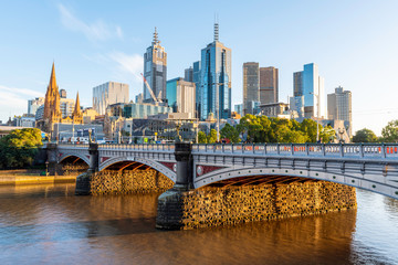 Fototapeta na wymiar Melbourne city skyline at sunrise in Australia.
