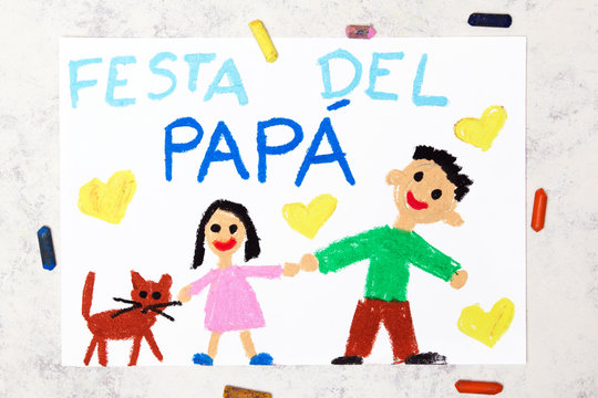 Photo of colorful drawing: Italian lanquage, Father's day card. Happy father and his daughter.
