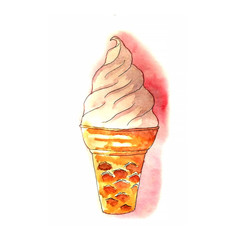 Pink ice cream in watercolor technique.