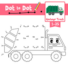 Dot to dot educational game and Coloring book Garbage Truck cartoon character side view vector illustration