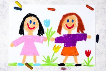 Fototapeta na wymiar Photo of colorful drawing: two smiling girls. Sisters or friends
