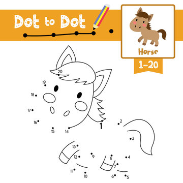 Dot to dot educational game and Coloring book Horse animal cartoon character vector illustration