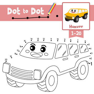 Dot to dot educational game and Coloring book Humvee cartoon character perspective view vector illustration