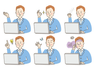 パソコン　若い男性　表情　セット