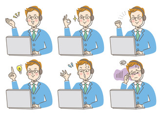 Fototapeta premium パソコン コールセンター 若い男性 表情 セット