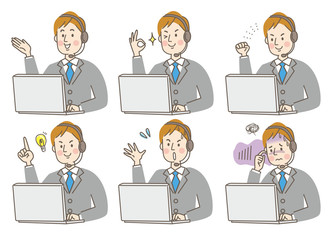 パソコン　コールセンター　若い男性　表情　セット