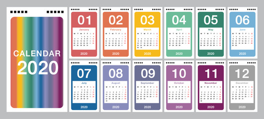 Fototapeta na wymiar Colorful Year 2020 calendar vector design template, simple and clean design. Calendar for 2020 on White Background for organization and business. Week Starts Monday.