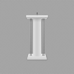 White podium, microphones.