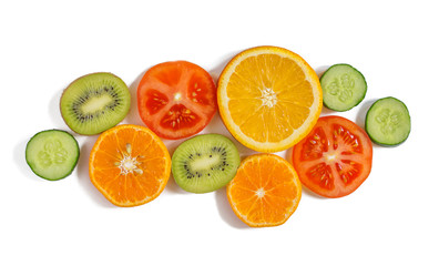 diet and plant food, healthy food concept sliced fruit and vegetables on a white background