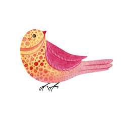 Cute watercolor bird isolated on white background. Hand-drawn stylized illustration. Yellow color with pink spots