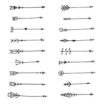 Arrows vector tribal boho style design elements. Hand drawn arrows and feather ethnic set