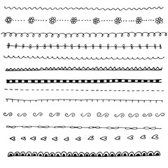 Collection of hand drawn line borders, Set of floral ornaments and waves. Vector illustration.