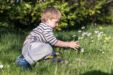 enfant joue avec les fleures