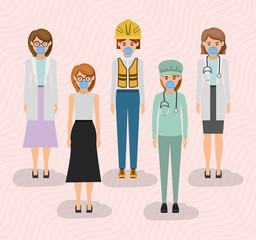Women workers with masks against 2019 ncov virus vector design