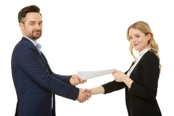 Agreement between businessman and businesswoman. Paper, contract.