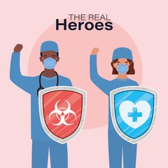 man and woman doctors heroes with shields against 2019 ncov virus vector design