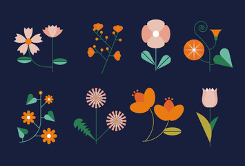 Obraz na płótnie Canvas Conjunto de flores vectorial plano aisladas con hojas