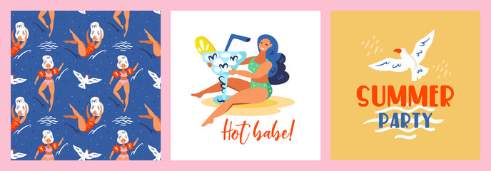 Pretty hot babe. Summer babe. Flying birds in sky. Seagull. Summer seaside beach pool party. Wild animal, freedom. Set of postcards. Flat colourful vector illustration.