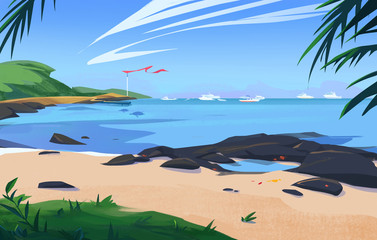 Fototapeta na wymiar Tropical beach background. Cartoon landscape of beautiful coast with white sand. Galapagos islands.