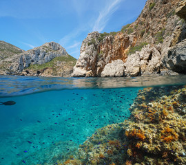 Mediterranean sea rocky coast in Spain with fish underwater (damselfish), split view over and under water surface, Costa Blanca, Javea, Alicante, Valencia