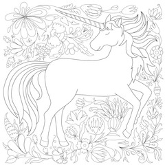 antistress coloring page with unicorn and floral pattern