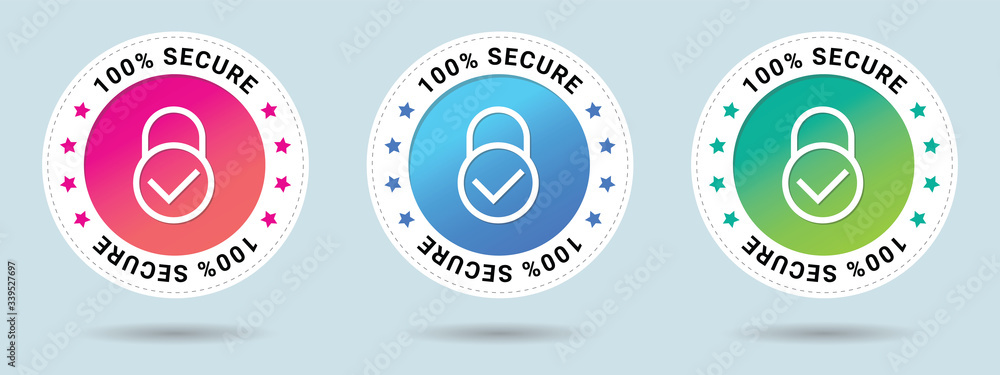 Poster 100% secure stamp vector illustration. vector certificate icon. set of 3 beautiful color gradients. 