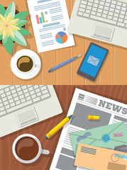 Desktop illustration flat top view, set of 2