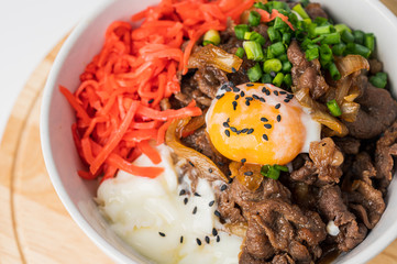GYUDON Japanese beef & Rice,Japanese traditional dish Gyudon made from thinly sliced beef, onion, soy sauce and rice,food concept background
