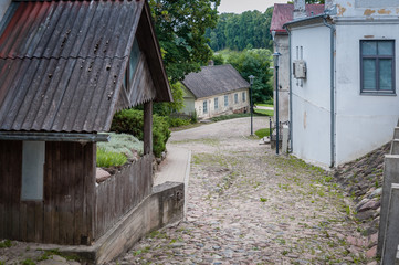 View of paved street in a small town. Picturesque location for filming and walking. Talsi, Latvia.