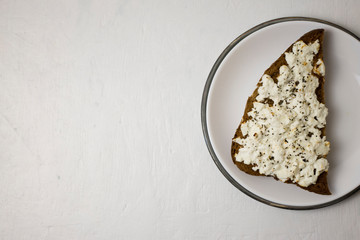 homemade italian ciabatta bread with chees Feta, olive oil and tomato sauce, top view