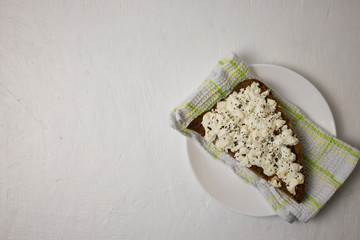 homemade italian ciabatta bread with chees Feta, olive oil and tomato sauce, top view