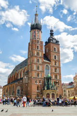 View of Main Market Square and St. Mary's Basilica in Krakow Old town