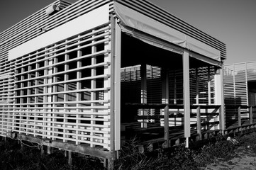 Locked down beach cafe because of Covid-19 in black and white