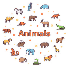 Wild animals symbols color linear vector icon set
