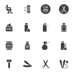 Barber shop accessories vector icons set, modern solid symbol collection, filled style pictogram pack. Signs, logo illustration. Set includes icons as armchair, scissors, shave razor, mustache balsam