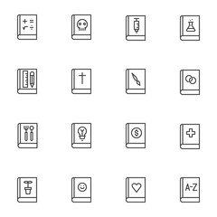 School books line icons set. linear style symbols collection, outline signs pack. Education literature vector graphics. Set includes icons as mathematics, anatomy, chemistry science, dictionary book