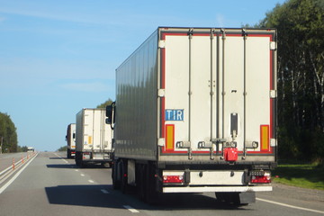 White European semi trucks convoy drive on suburban Sunny summer highway road, rear view in perspective on blue sky background, modern logistic business, international cargo transportation industry